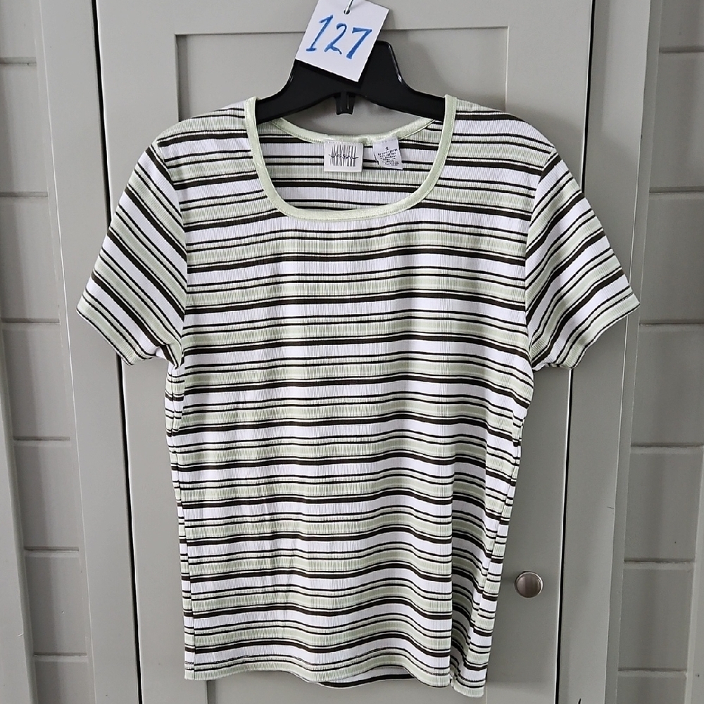 #127 NWOT Jason Maxwell Black and White Striped Short Sleeve Tee Sz Small Ptp 19